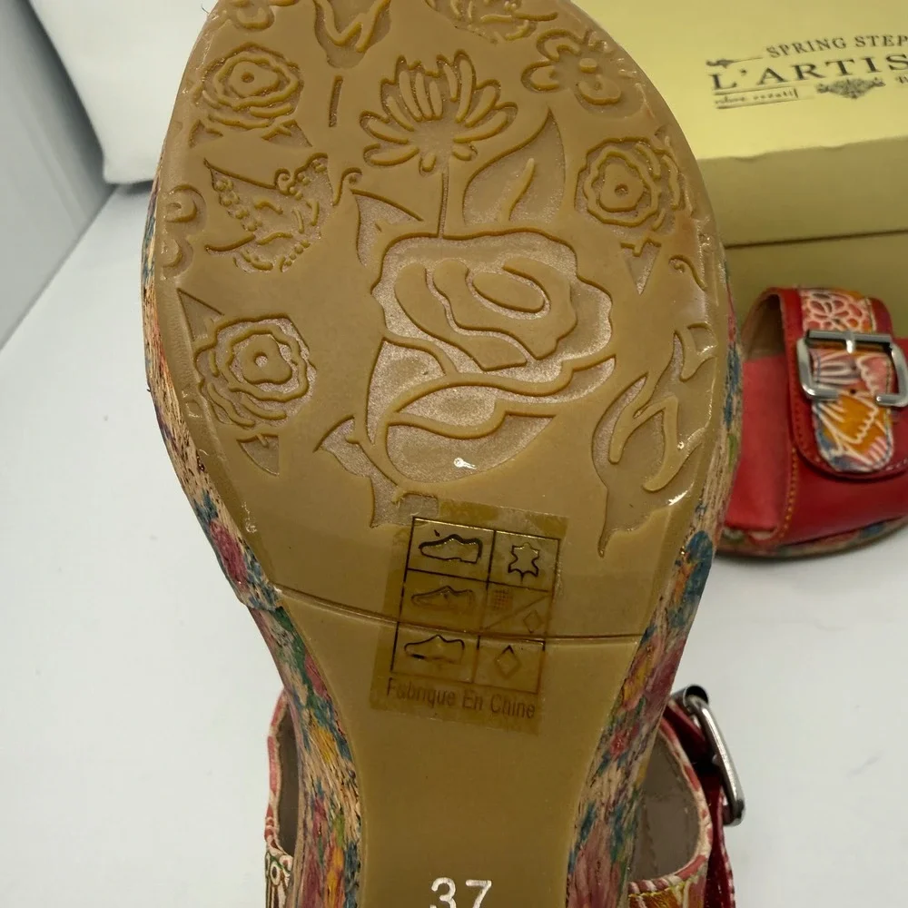 Spring Step L'Artiste Tanaquil Red Leather Wedge Sandals Floral Size 37 6.5-7